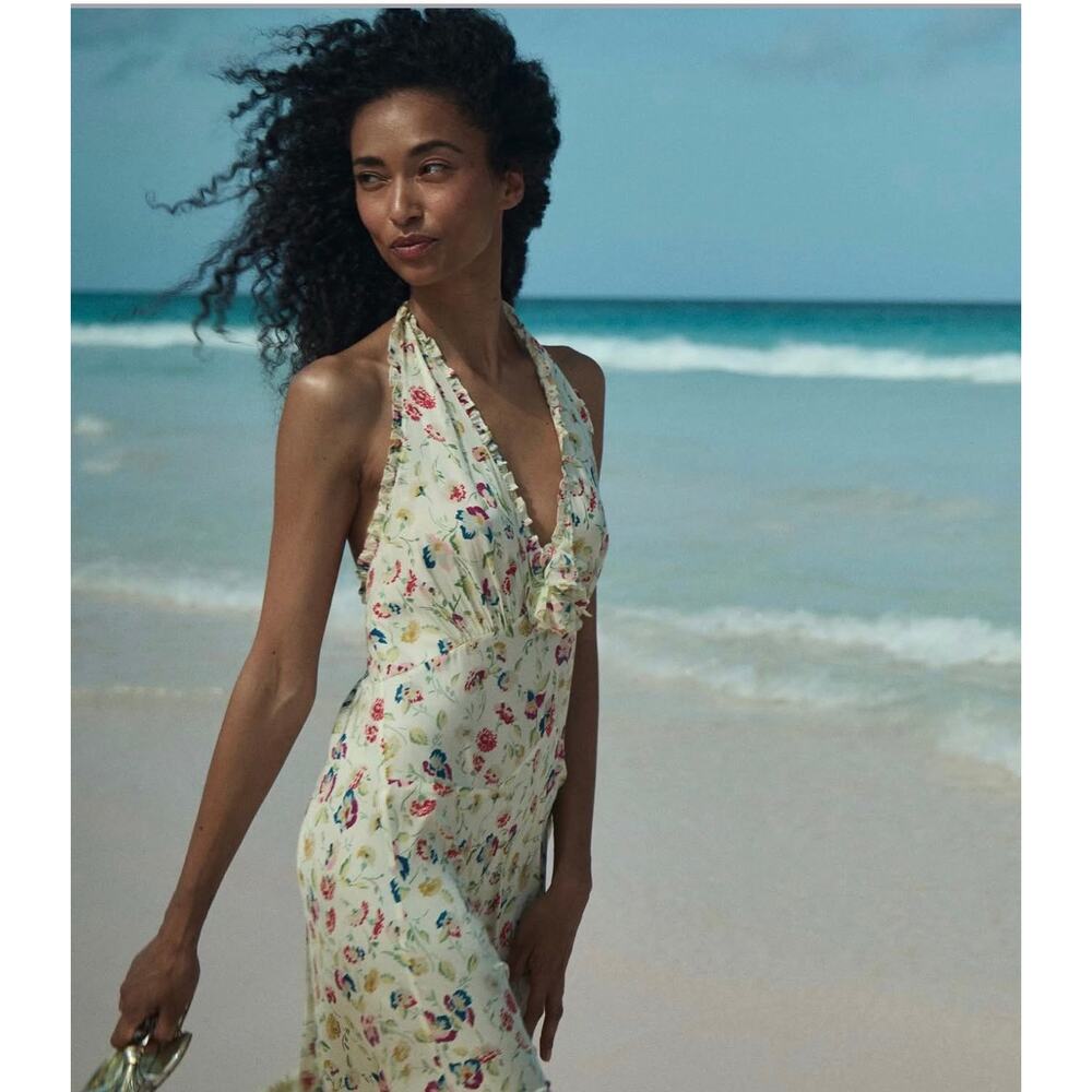 NWT Doen Mazarin Silk Halter Dress Windswept Blooms Cream Size Large